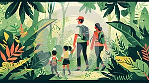 A family is hiking through a lush forest with the parents leading the way and their two children trailing behind. They