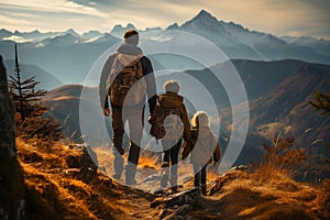 Family hiking in the mountains, travel and wanderlust concept, father and children in the highlands, generative AI