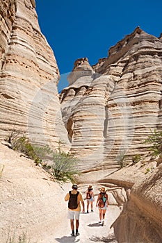 Family hiking in New Mexico mountains on summer vacation..