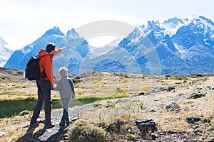 Family hiking in patagonia