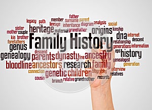 Family History word cloud and hand with marker concept