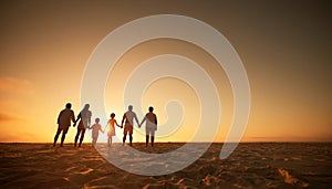 Family, holding hands beach at sunset and generations, grandparents travel with parents and kids with orange sky. Back