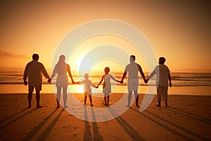 Family, holding hands beach at sunset and solidarity, grandparents travel with parents and kids with orange sky. Back