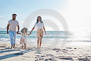Family, holding hands with parents and child on beach, travel and people walking together on sand and mockup space. Love