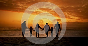 Family, holding hands and silhouette at beach in sunset, swing or play for love, connection and holiday by sea. People