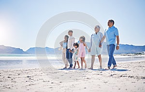 Family, holding hands and walking at beach for mockup space by sea, sand or bond with love on summer vacation. Men