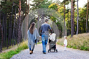 Family holding hands walking together along forrest path with their daughter, father pushing the pram
