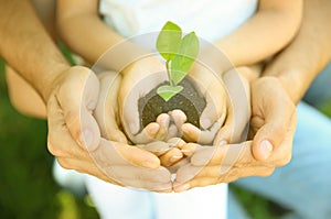 Family holding soil with green plant in hands. Volunteer community