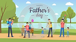 Family holiday celebration flat banner template. Happy dads and little children, sons and daughters outdoors cartoon