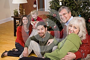 Family holiday gathering by Christmas tree