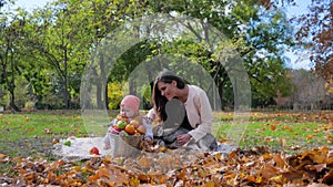 Family holiday, mother with little son and husky dog sit together near bucket with apples on plaid in an autumn park