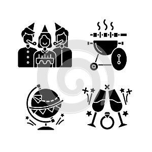 Family holiday party black glyph icons set on white space