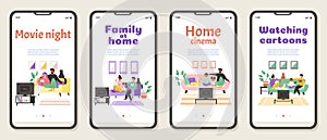 Family home cinema and TV mobile onboarding pages, flat vector illustration.