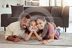 Family home, happy portrait and kid with mom, dad and young girl together with fun. Living room, mother and father with