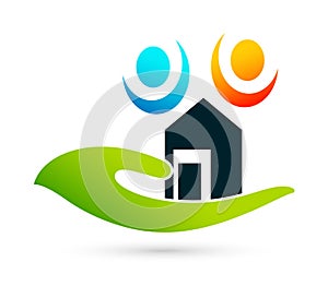 Family Home house in hands care icon logo illustrations. Future, emotion.
