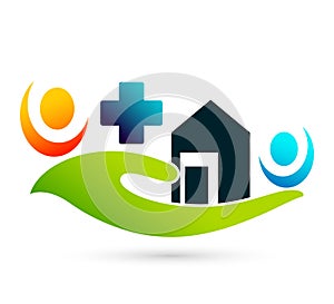 Family Home house in hands care icon logo illustrations. Future, emotion.