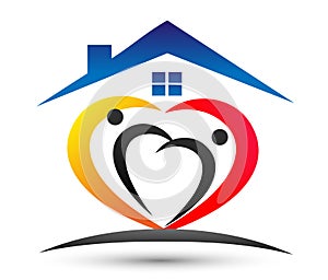 Family home, house logo, family union happy love heart shaped family care logo on white background