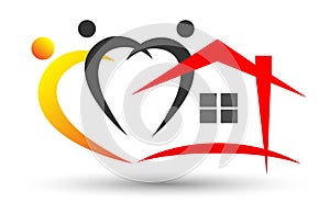 Family home/ house logo, family union happy love heart shaped family care logo on white background