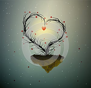 Family home idea, magic tree of spring love, tree with heart with nest and two white birds inside, sweet home, together