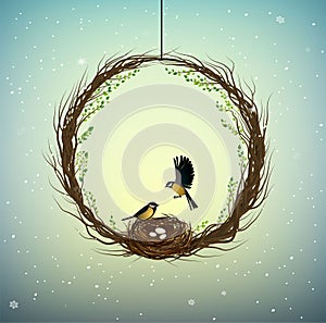 Family home idea, wreath of thebranches with nest and two birds inside, sweet home, spring inside idea, nature