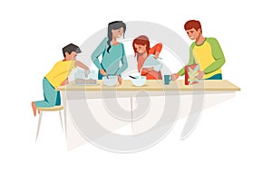 Family at home. Mother and father with children cooking breakfast together. Cartoon people preparing cereals in kitchen. Parents