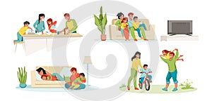 Family at home. Parents and children in house eating playing watching TV, father mother and kids together. Vector happy