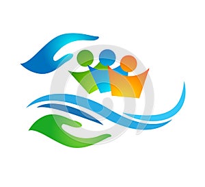 Family Home water wave house in hands care icon logo illustrations. Future, emotion.