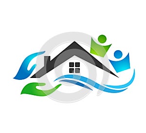Family Home water wave house in hands care icon logo illustrations. Future, emotion.