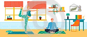 Family at home, yoga activity vector illustration. Pregnant woman standing doing exercises ,man sitting meditating on