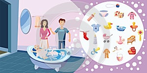 Family horizontal banner wash, cartoon style