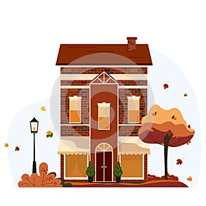 Family house in autumn. A building with a tree, a spruce and a lantern in the yard. Vector illustration for websites