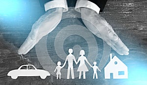 Family, house and car insurance concept