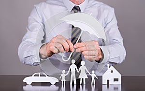 Family, house and car insurance concept