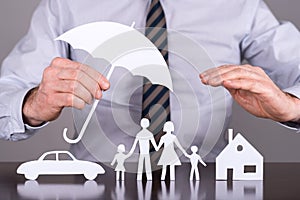 Family, house and car insurance concept