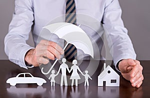 Family, house and car insurance concept