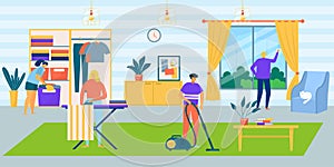 Family in house do housework cartoon home vector illustration. People man woman character cleaning room together