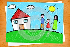 Family House Freehand Child Drawing on Desktop photo