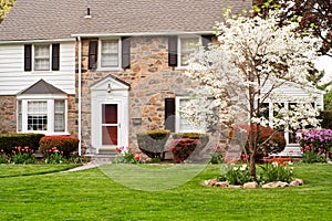 FAMILY HOUSE WITH FRONT LAWN IN SPRING