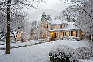 Family house with front yard in snow photo