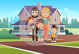 Family house. Happy young parents father mother son daughter kids outdoors front home building lifestyle cartoon vector