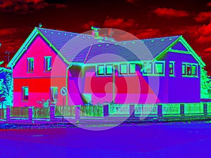 Family house in infrared thermovision scan. Building warmth scale