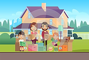 Family house. Moving to new apartment happy young parents father mother son daughter kids outdoors front home building