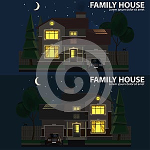 Family house at night. 2 houses, car and trees