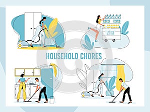 Family daily household chore domestic work set