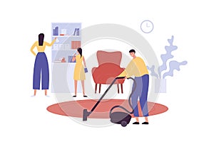 Family housekeeping concept. Vector flat illustration. Male husband cleaning with vacuum cleaner. Female dusting bookcase.