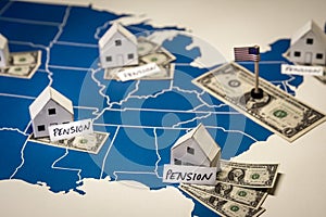 Family houses with dollar bills and Pension word over a US map