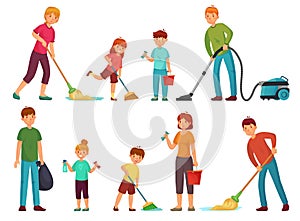 Family housework. Parents and kids clean up house, cleaning with vacuum cleaner and wash floor cartoon vector