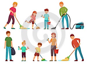 Family housework. Parents and kids clean up house, cleaning with vacuum cleaner and wash floor cartoon vector illustration set