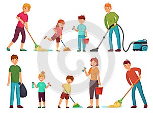 Family housework. Parents and kids clean up house, cleaning with vacuum cleaner and wash floor cartoon vector photo