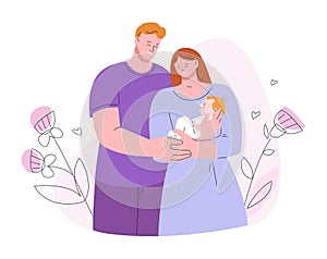 Family hug newborn baby. Mom and dad hold infant, smile young parents together. Support and care, parenthood concept